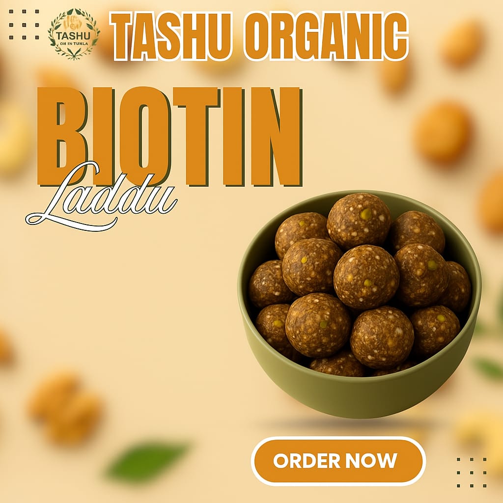 Bowl of TASHU Organic Biotin Laddu with promotional text on a beige background