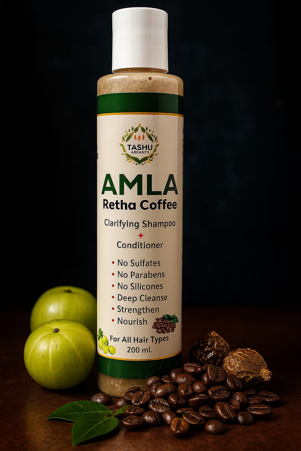 Tashu Organics Amla Retha Coffee shampoo bottle with green fruits and coffee beans on a dark background