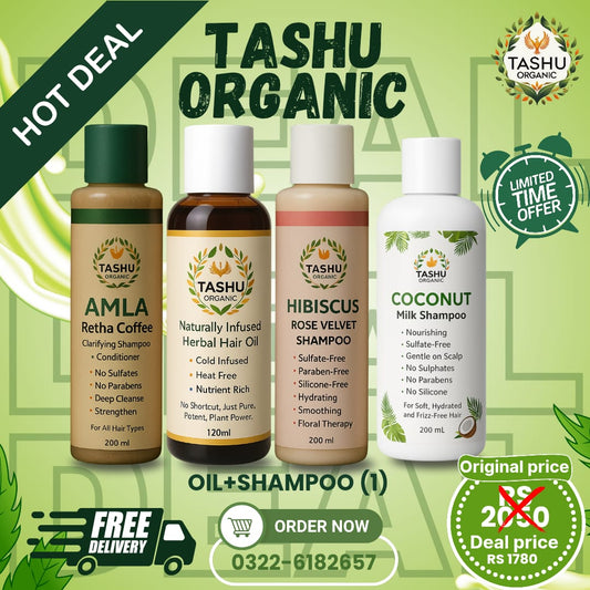 TASHU Organic product display with various bottles on a green background