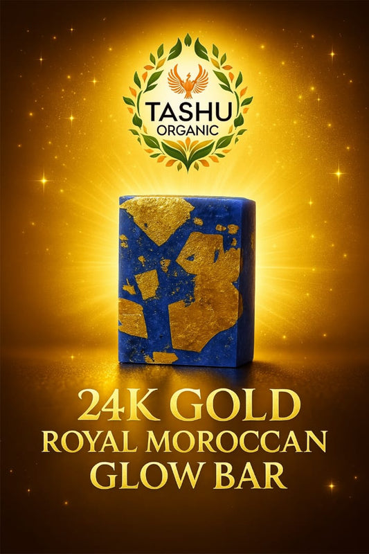 TASHU Organic 24K Gold Royal Moroccan Glow Bar on a gold background