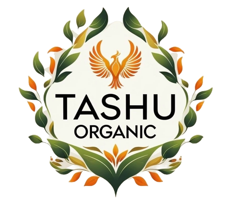 Logo of TASHU Organic with a phoenix and leaves on a white background