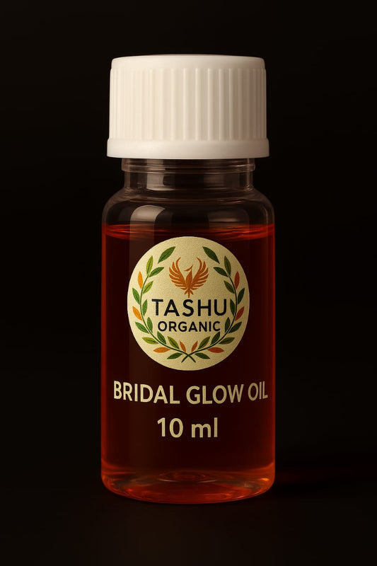 Bottle of Tashu Organic Bridal Glow Oil on a black background
