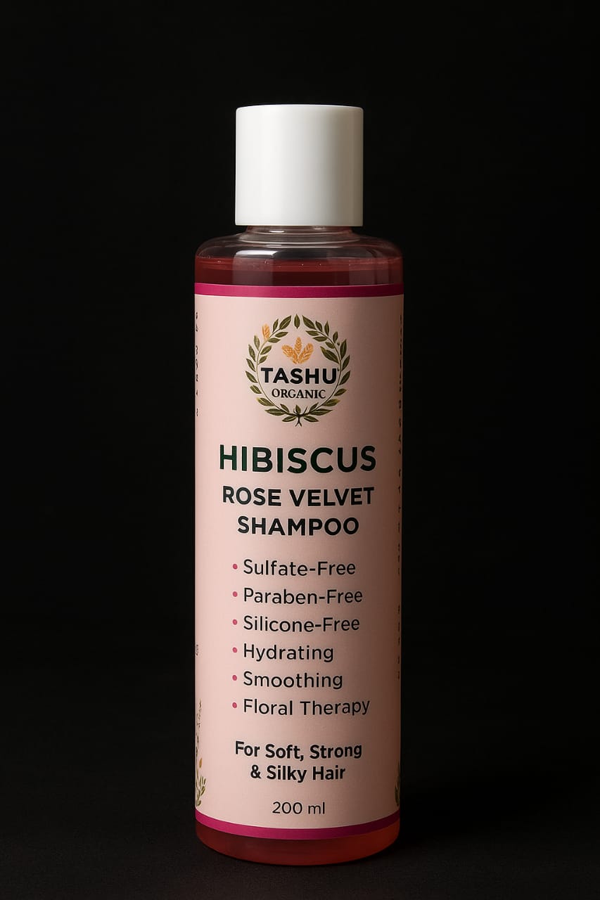 TASHU Organic Hibiscus Rose Velvet Shampoo bottle on a black background