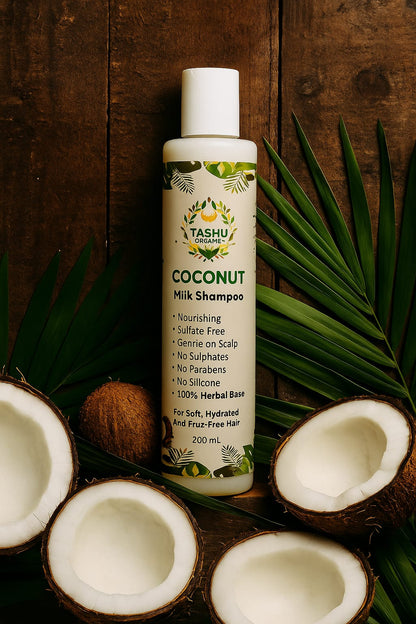 Tashu Naturals coconut milk shampoo bottle with coconuts and leaves on a wooden background