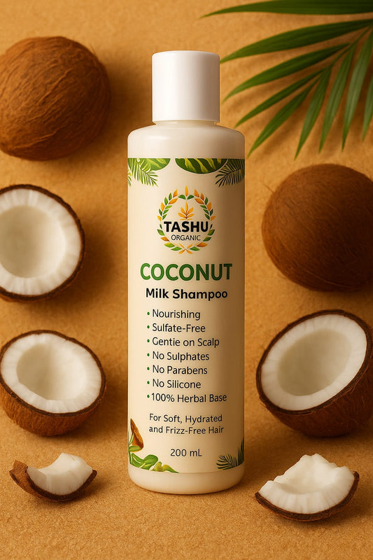 TASHU Organic Coconut Milk Shampoo bottle with coconuts on a brown background