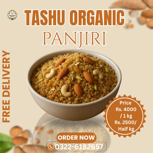 Advertisement for Tashu Organic Panjiri with a bowl of the product on a beige background.