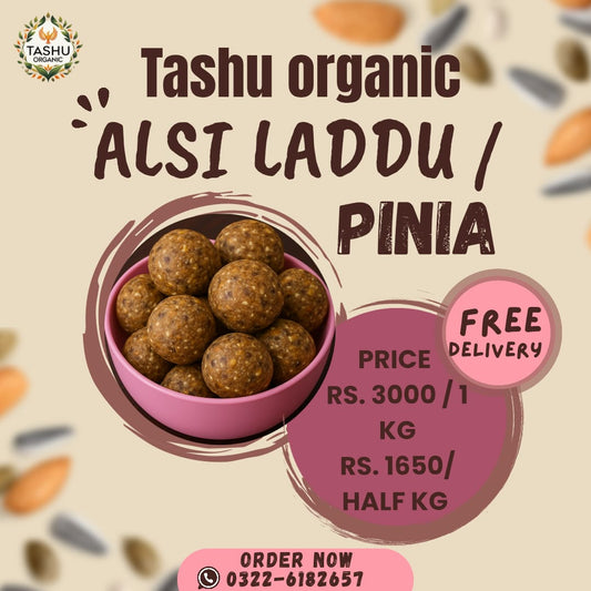 Advertisement for Tashu Organic Alsi Laddu/Pinia with product display and promotional text.