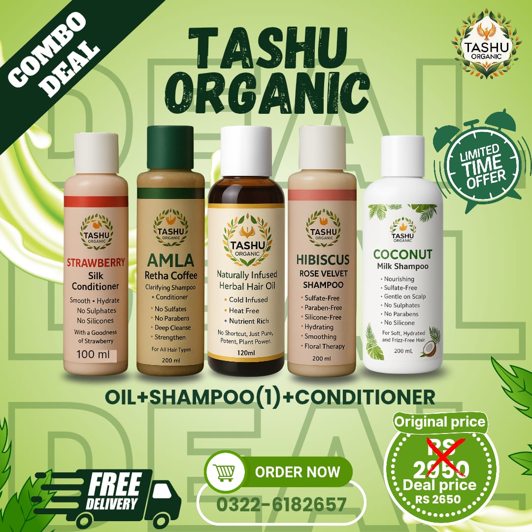TASHU Organic product lineup with various bottles on a green background