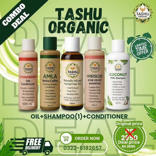 TASHU Organic product lineup with various bottles on a green background