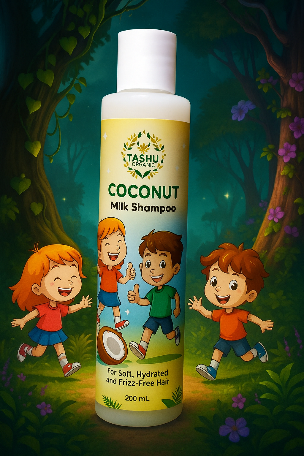 TASHU Coconut Milk Shampoo bottle with cartoon children in a forest setting