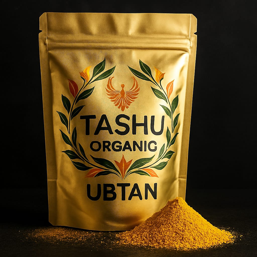 TASHU Organic UBTAN package with yellow powder on a black background