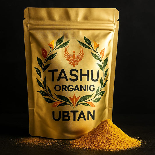 TASHU Organic UBTAN package with yellow powder on a black background